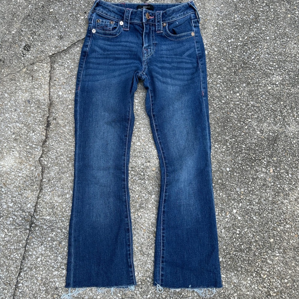 True Religion Becca Mid Rise Bootcut Jeans Dark Wash Pink Embroidery Size 24